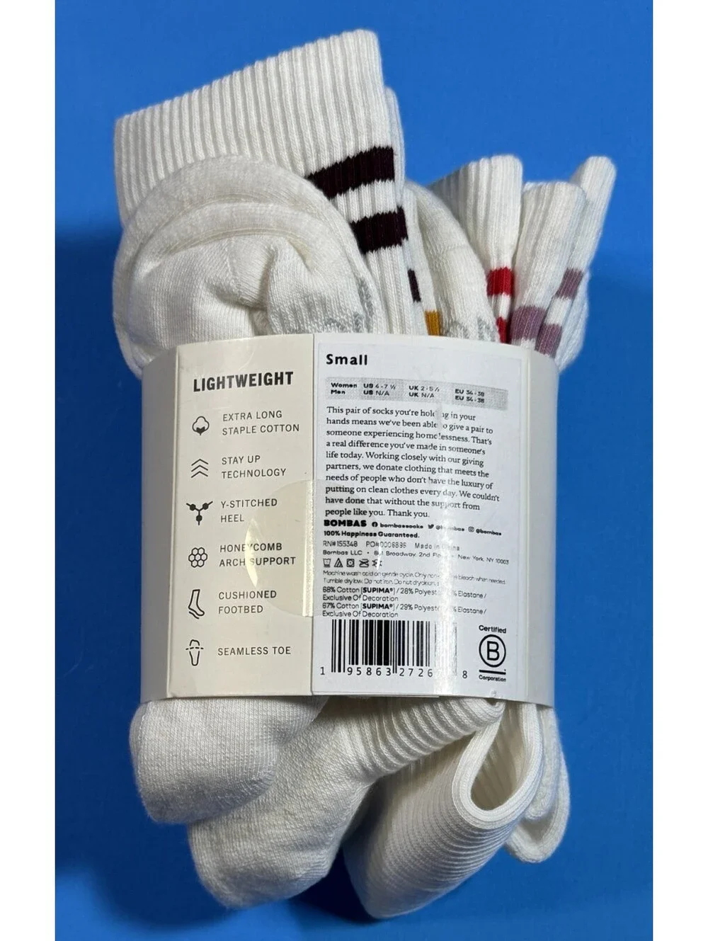 4 pack Bombas Modern Rib Calf Socks Supima Cotton White with Stripe Womens Small